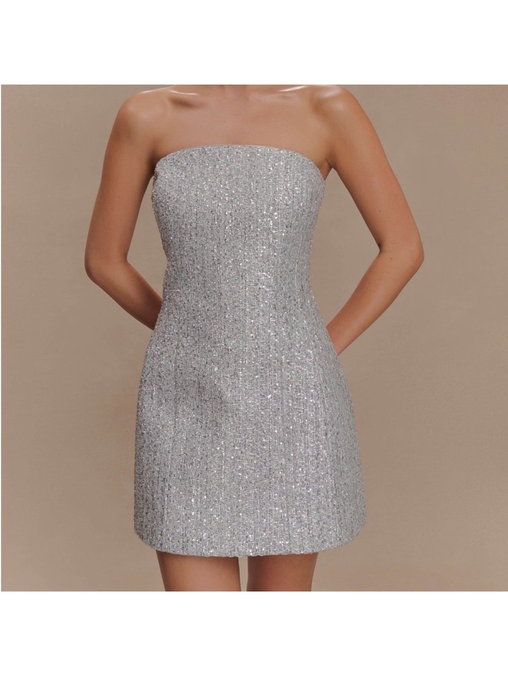 Meshki Gala Strapless Tweed Silver Sequin Mini Dress size XXS perfect condition
